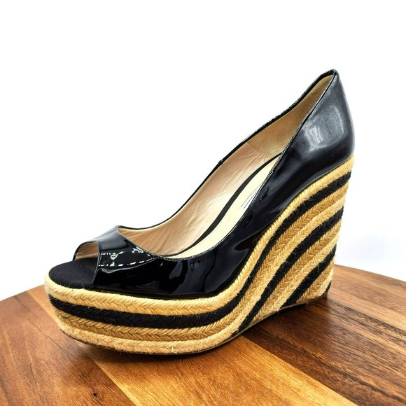 Brian Atwood Wedges Heels 40 Black Tan Cream Patent Leather Peep Toe Espadrilles - Picture 1 of 13